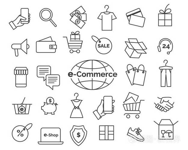 电子商务线图标网上购物和送货元素细线条风格网页零售图标集简单矢量